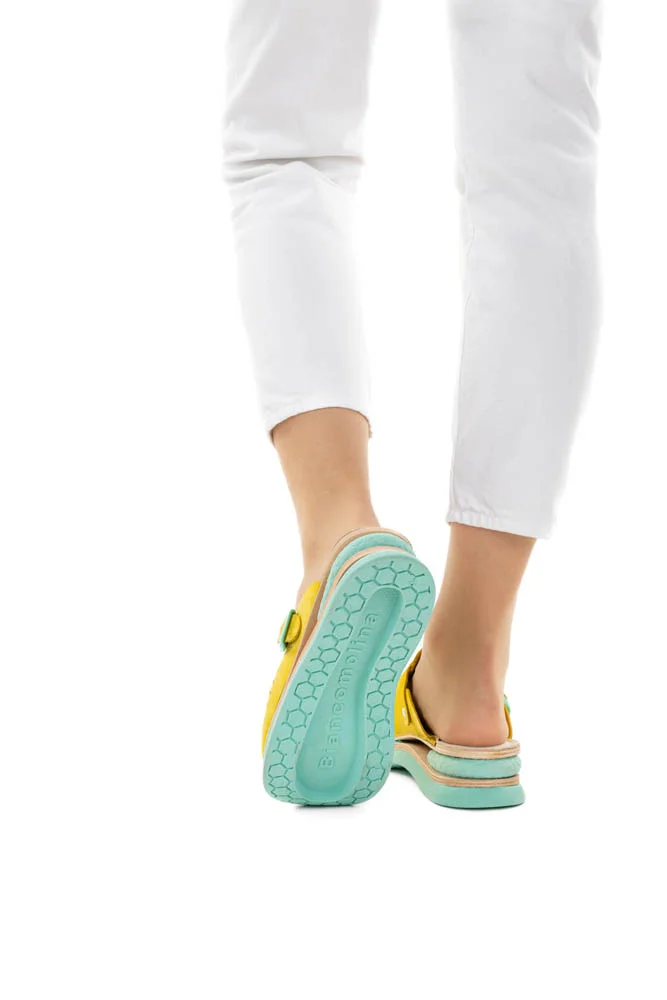 Biancomolina anatomska klompa žute sa zelenim đonom i zračnim jastučićem na webshopu HealthandBeauty.hr Biancomolina anatomska klompa žute sa zelenim đonom i zračnim jastučićem na webshopu HealthandBeauty.hr