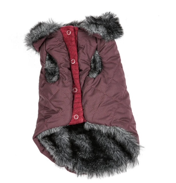 Elegantni bordo kaputić za pse s krznenim ovratnikom i prošivom made in Italy Elegantni bordo kaputić za pse s krznenim ovratnikom i prošivom made in Italy