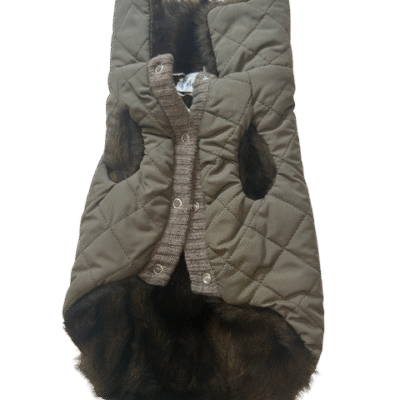 Elegantni maslinasto zeleni kaputić za pse s krznenim ovratnikom i prošivom made in Italy