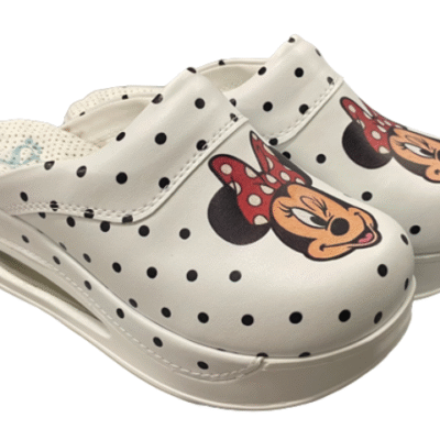 Step Up Minnie ženske medicinske klompe s Minnie Mouse motivom, bijele s crnim točkicama